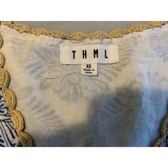 THML Dress Womens XS Blue White Embroidered Floral Ruffle Sleeve Boho Cottagecor - Picture 5 of 13
